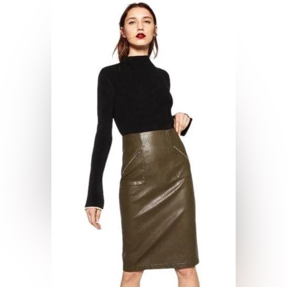 ZARA High Waisted Faux Leather Midi Pencil Skirt Dark Olive Green Zipped Pockets